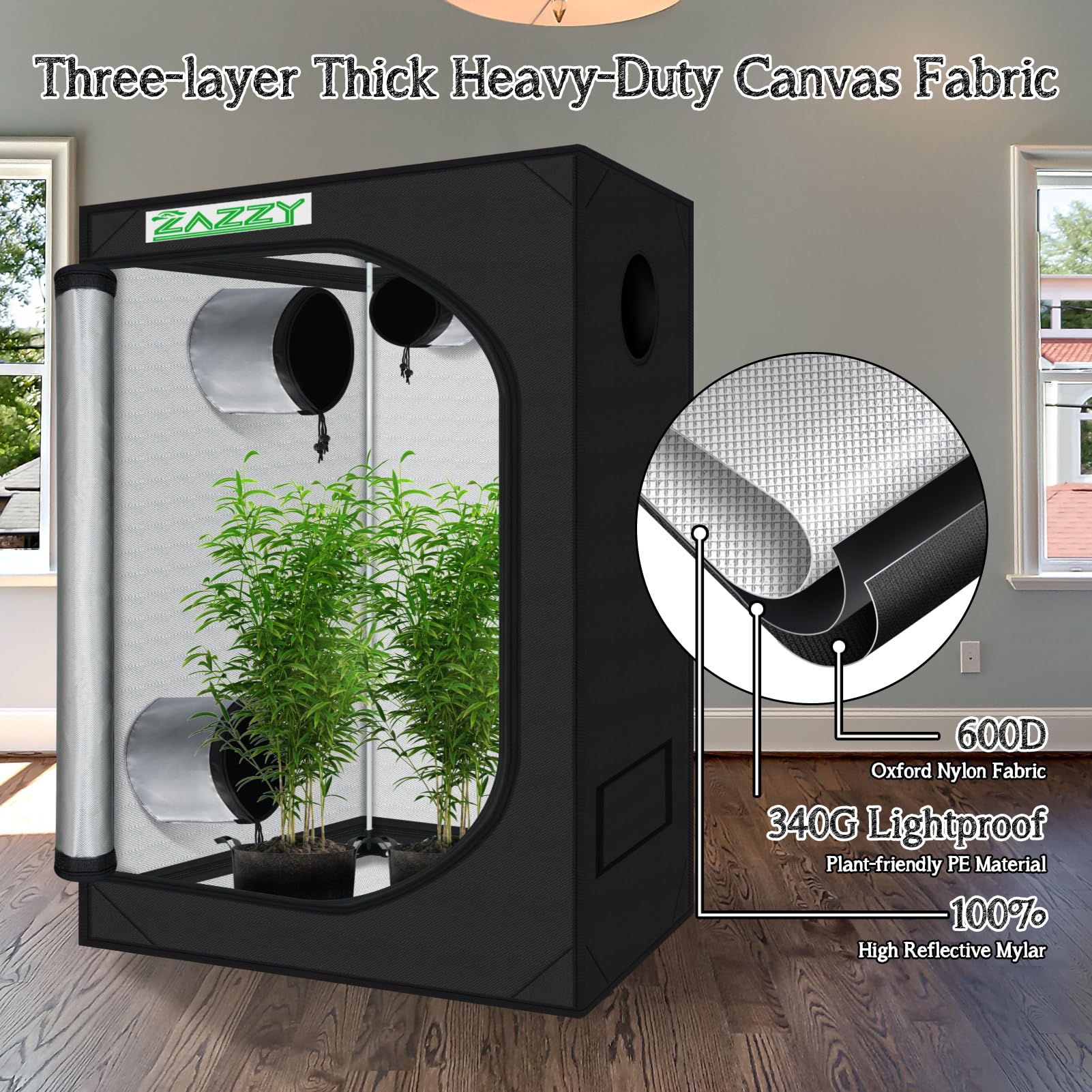 zazzy 3'X3' Grow Tent 32"x32"x63", High Reflective Mylar Growing Tent | Observation Window, Removable Floor Tray and Tool Bag for Planting Indoor Fruit Flower Veg