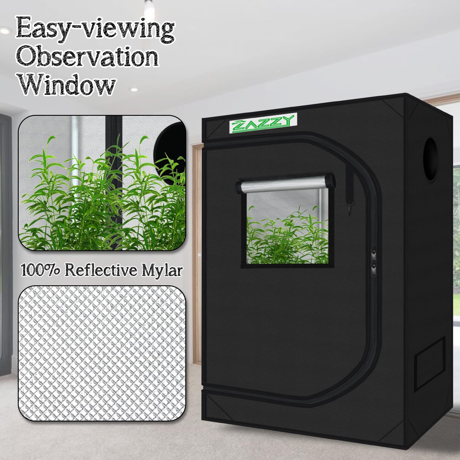 zazzy 3'X3' Grow Tent 32"x32"x63", High Reflective Mylar Growing Tent | Observation Window, Removable Floor Tray and Tool Bag for Planting Indoor Fruit Flower Veg