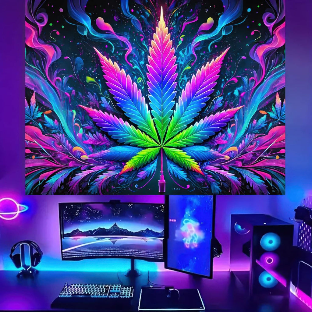 BlissYard Blacklight Tapestry Cannabis Leaf Bedroom Decor 78 x 59 Inch | Cannabis Leaf UV Wall Hanging Smoking Neon Backdrop for Bedroom Party Dorm Style