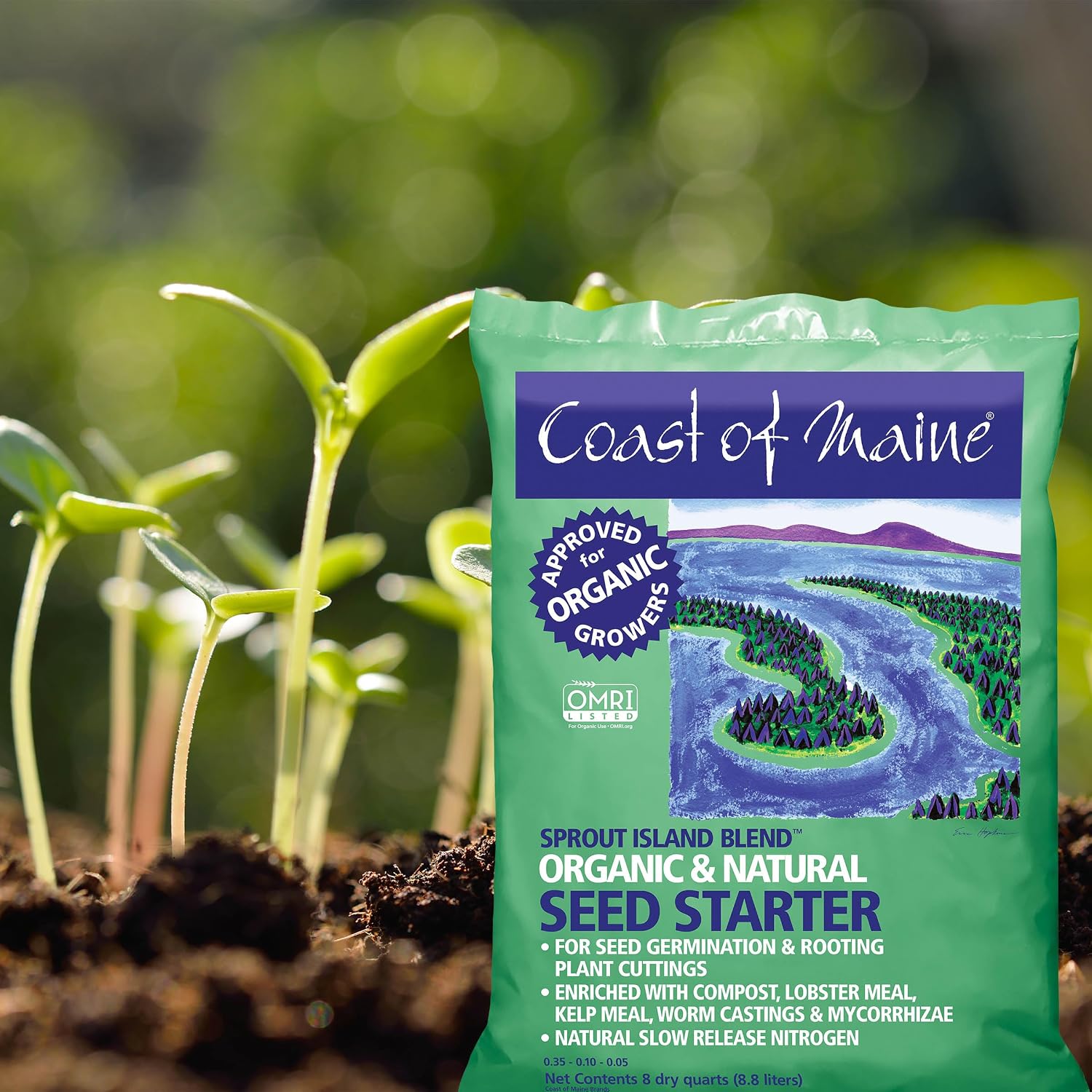 Coast of Maine Organic & Natural Sprout Island Blend Seed Starter - Seed Germination & Root Plant Cuttings w/ Composted Manure, Mycorrhizae, Worm Castings & Kelp - Enhanced Drainage (8 Qt)