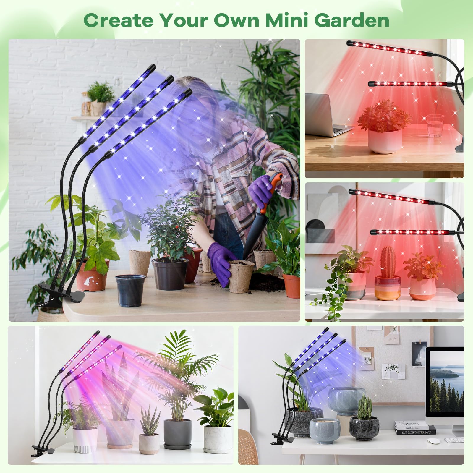 Led Grow Lights, 4 Heads Red Blue Plant Light with Clamp for Indoor Plants & Seed Starting, 10-Level Dimmable, Auto On Off, Timing 3 9 12Hrs