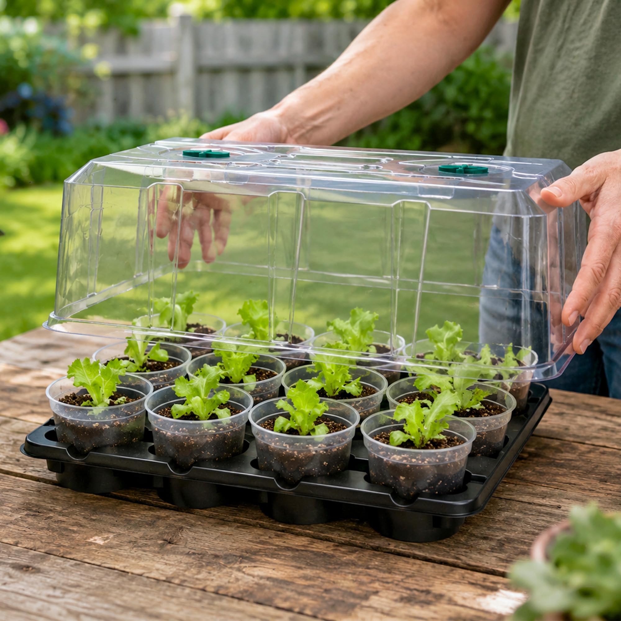 4 Pack 20 Cell Seed Starting Trays with 4 Vented Humidity Domes | Compatible with standard 3 inch nursery pots. Thick reusable trays have deep cells, raised bases and adjustable dome vents.