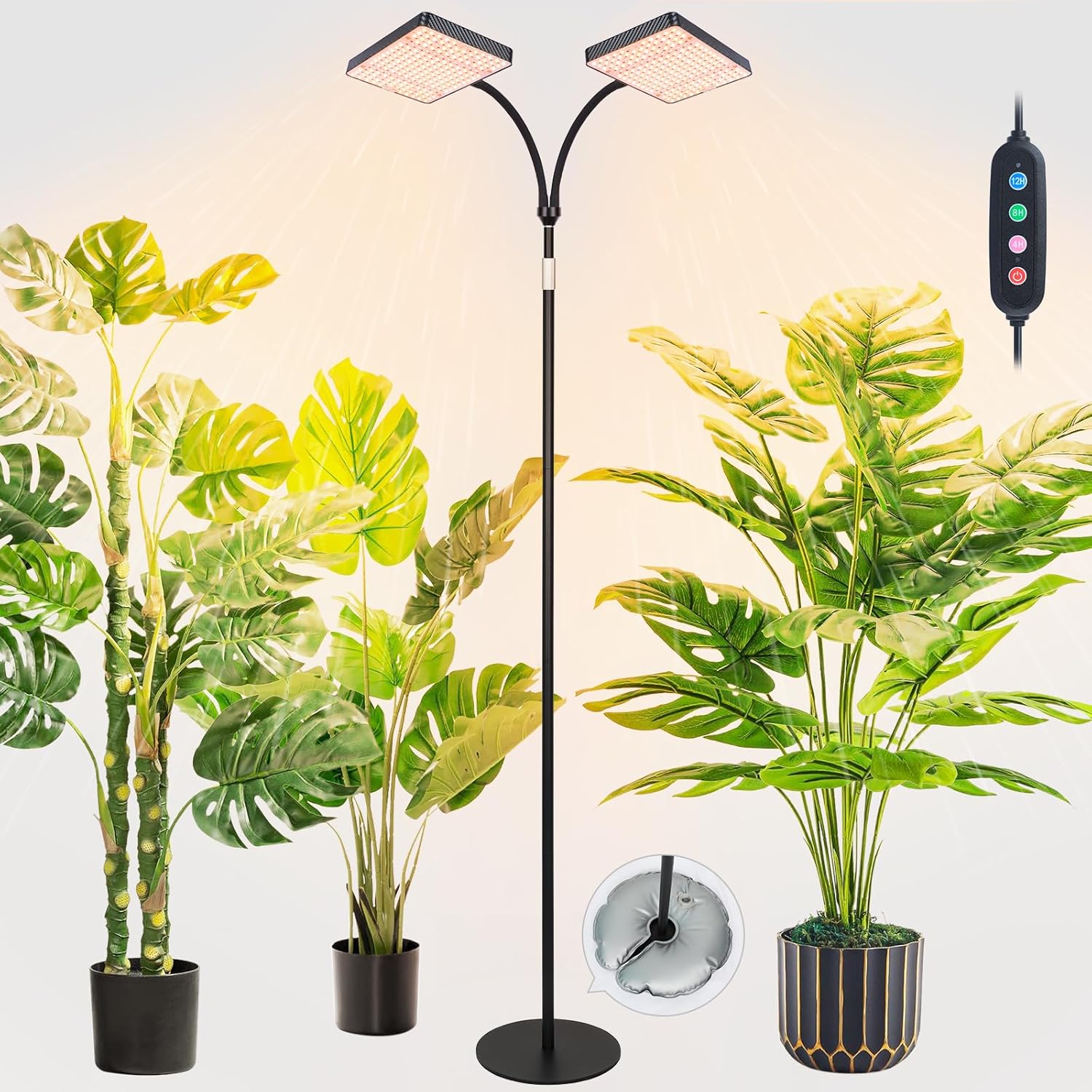 FECiDA 2026 2Head Floor Lamp Grow Light, Standing Grow Light with Stable Base for Tall and Big Houseplant, Bonsai Tree, Monstera, 4/8/12/16/20 Hr Timer, 50 Watt Power Draw, 40"-76" Height Adjustable