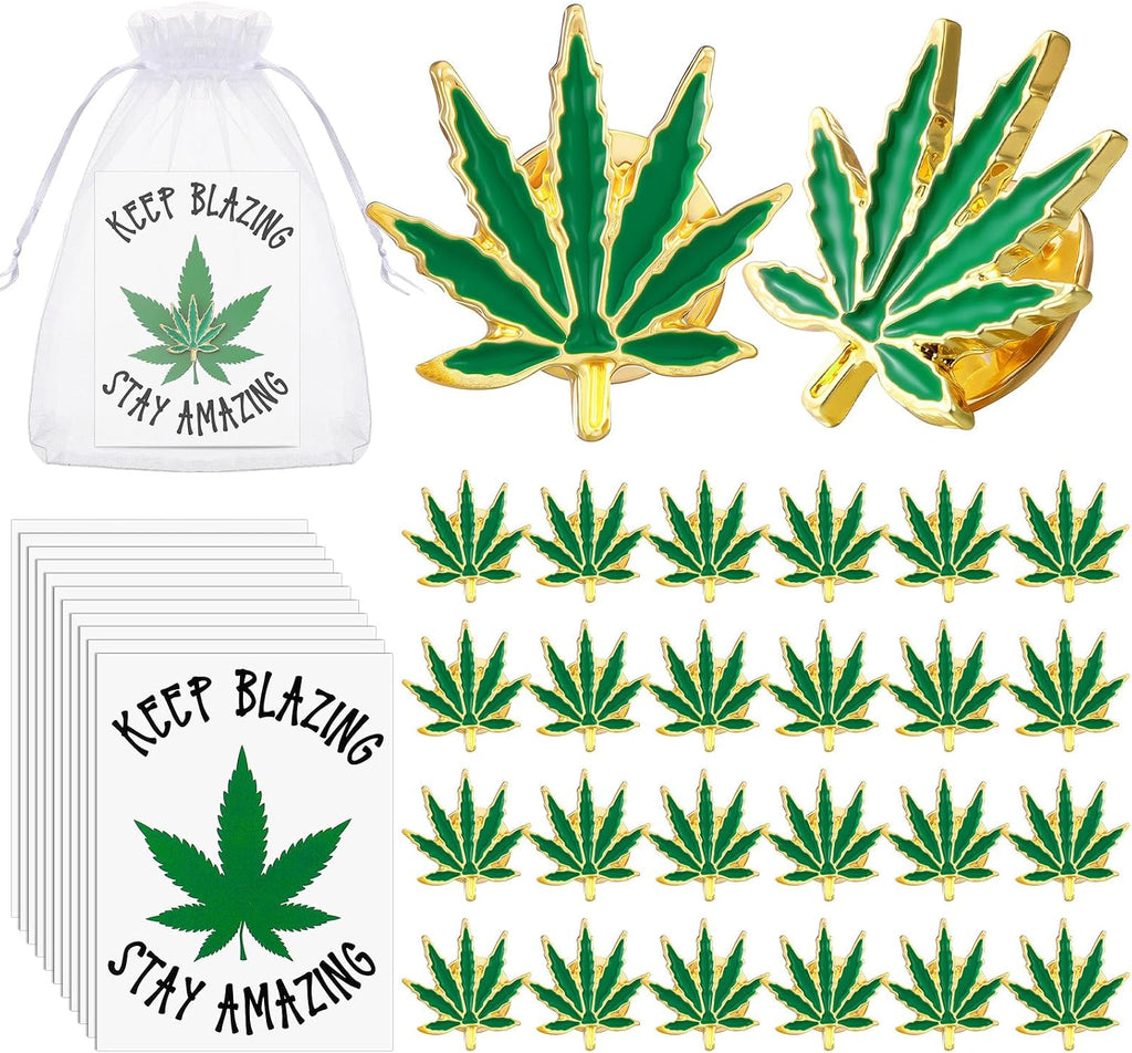 24 Sets Marijuana Accessory 420 Weed Accessories Marijuana Leaf Enamel Lapel Pin with Cards and Bags for Men Women Clothes Bags Hats Cannabis Gifts Weed Party Decorations Jamaica Favors for Adults