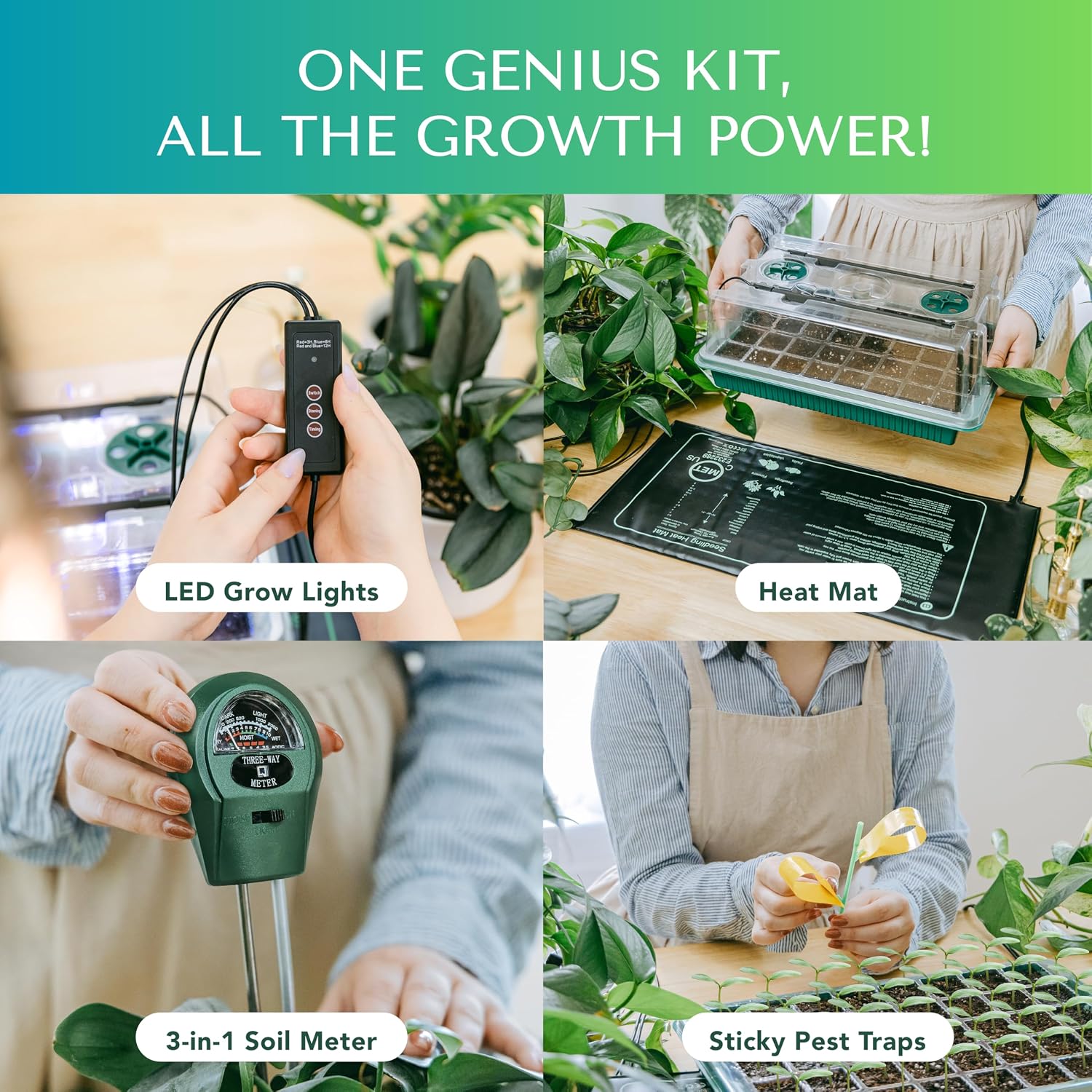 Seed Starter Kit with Grow Lights & Heat Mat – 40-Cell Seed Starter Tray, Humidity Dome, Soil Moisture Meter & Sticky Gnat Traps – Indoor Greenhouse & Plant Propagation Station