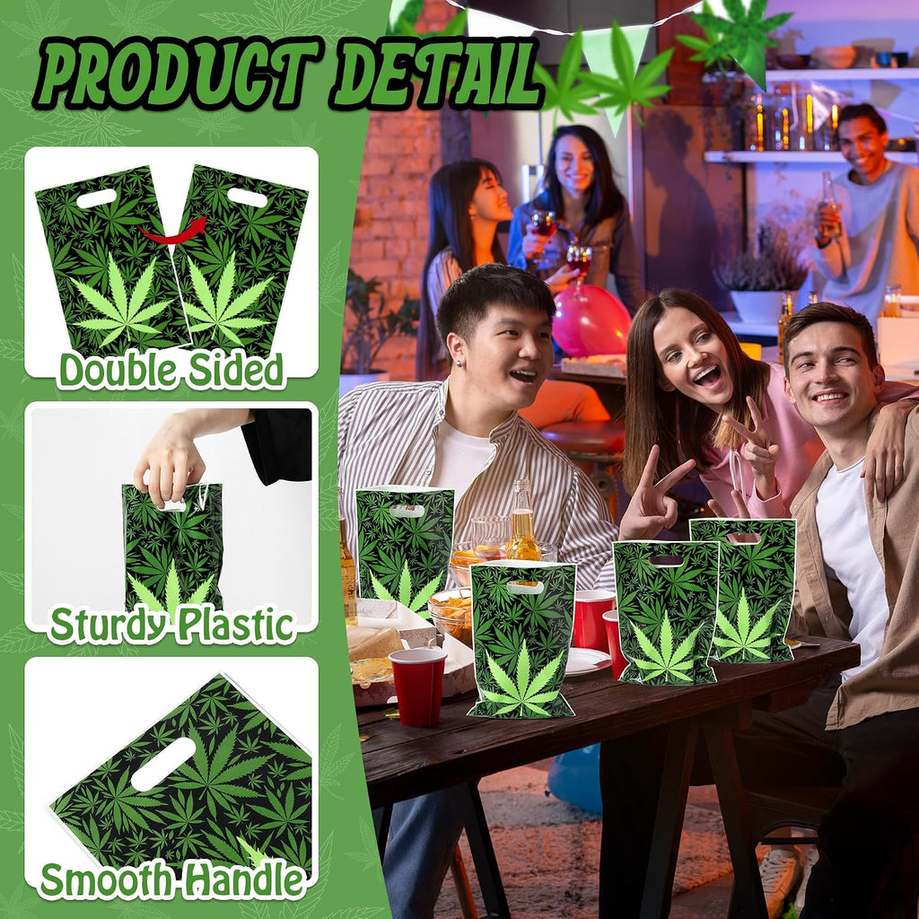 Selorin 50Pcs Weed Party Favor Bags Green Pot Leaves Smoking Marijuana Plastic Goodie Treat Bags with Handles Happy 420 Cannabis Have a Dope Candy Gift Bag Birthday Party Supplies for Adult Stoner