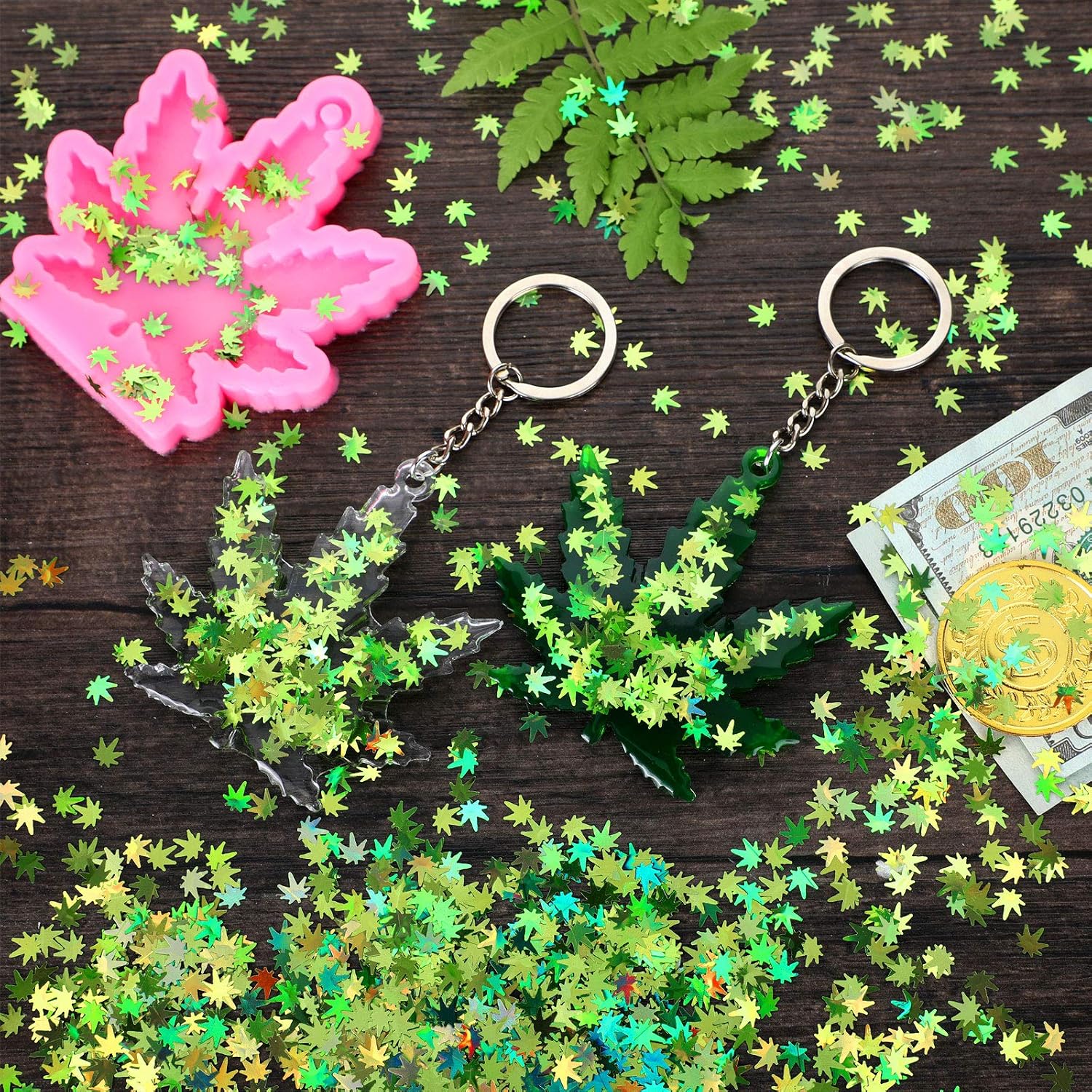 2 Pieces Silicone Maple Leaf Molds with 12 Pieces Keyring Chain with 20g Green Maple Leaf Glitter, Leaves Shaped Keychain Molds for DIY Decoration, Pink