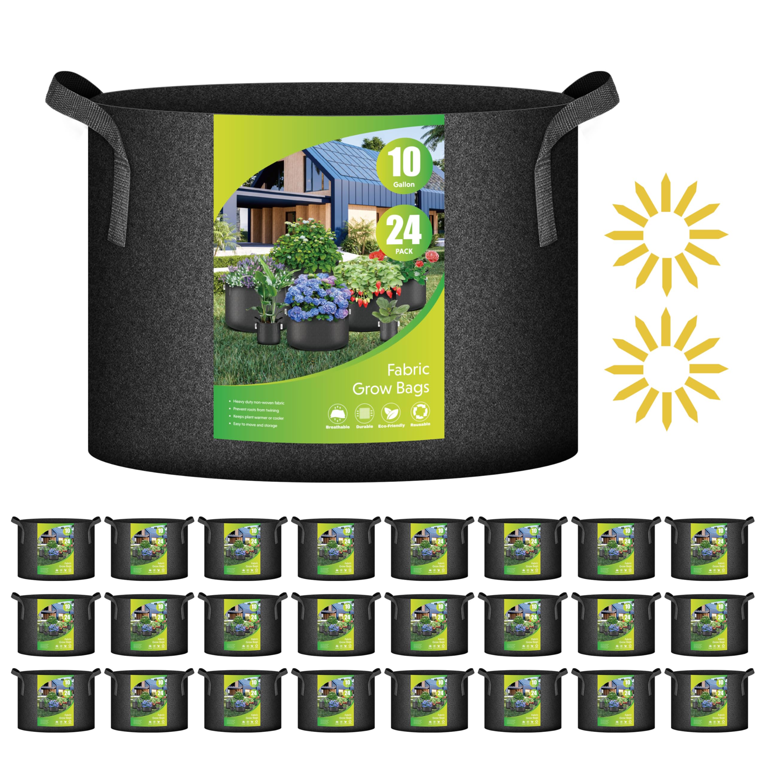 iPower 24-Pack 3 Gallon Grow Bags Heavy Duty Thickened Aeration Nonwoven Fabric Pots with Nylon Handles and 24 Labels for Planting Vegetables, Fruits, Flowers, Black