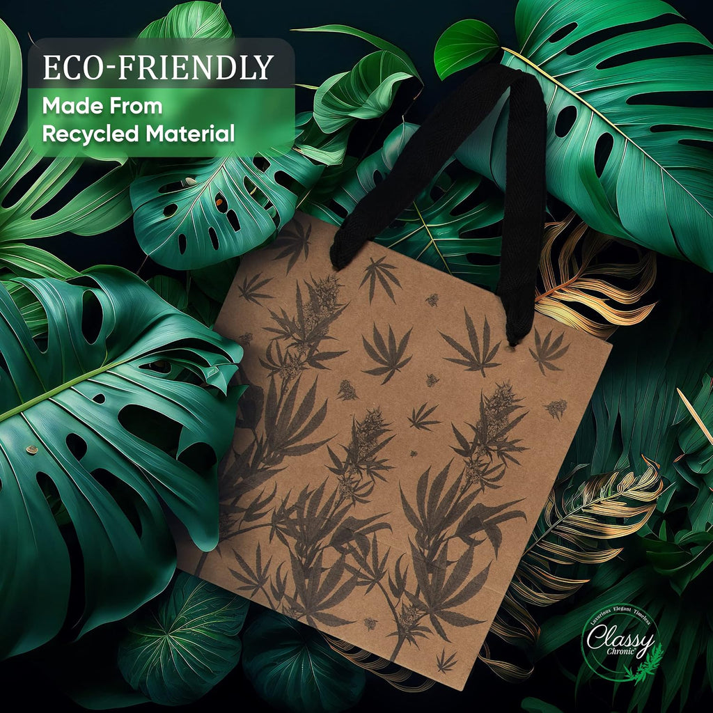Cannabis Gift Bags – 3-Pack Weed Gift Bags with Tissue Paper – Marijuana Themed 420 Party Bags, Kraft Paper with Cotton Handles, Botanical Leaf Design – Stoner Birthday Gift or Cannabis Gift Wrap