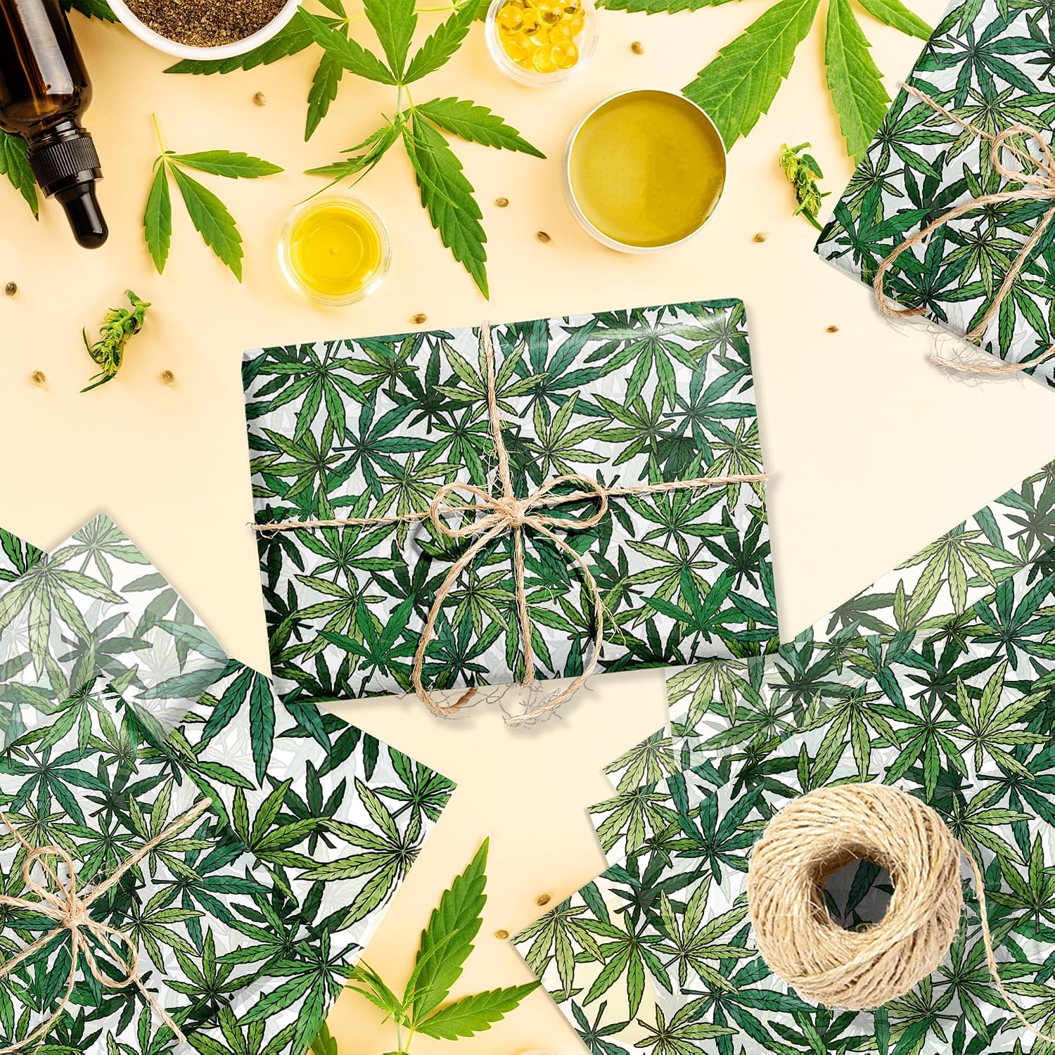 100 Sheets Marijuana Leaf Tissue Paper Sheets - Cannabis Printed Tissue Paper Bulk, 14x20 Inch for Gift Wrapping, Hawaii Party Decorations, Birthday, Gift Packaging