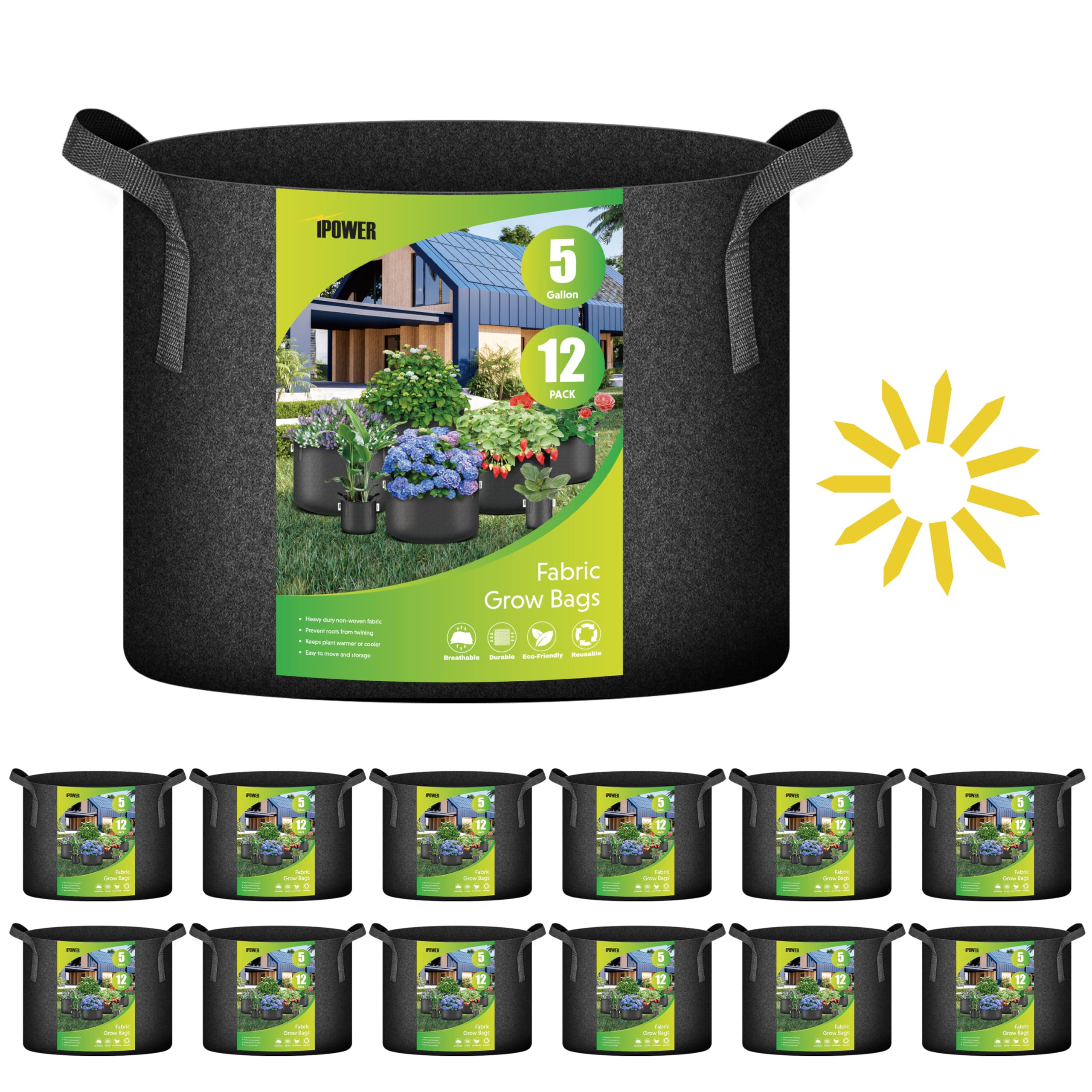 iPower 24-Pack 3 Gallon Grow Bags Heavy Duty Thickened Aeration Nonwoven Fabric Pots with Nylon Handles and 24 Labels for Planting Vegetables, Fruits, Flowers, Black