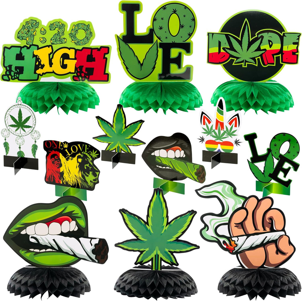 12Pcs Weed Themed Honeycomb Centerpieces Table Toppers Smoking Marijuana Green Pot Leaves Cannabis Stoner 420 Have a Dope Birthday Party Decorations Supplies Photo Booth Props for Adults