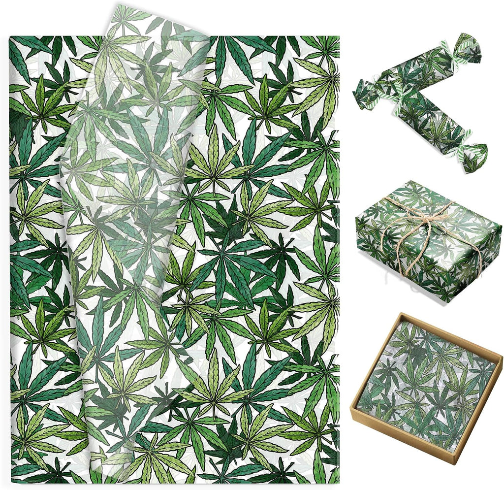 100 Sheets Marijuana Leaf Tissue Paper Sheets - Cannabis Printed Tissue Paper Bulk, 14x20 Inch for Gift Wrapping, Hawaii Party Decorations, Birthday, Gift Packaging