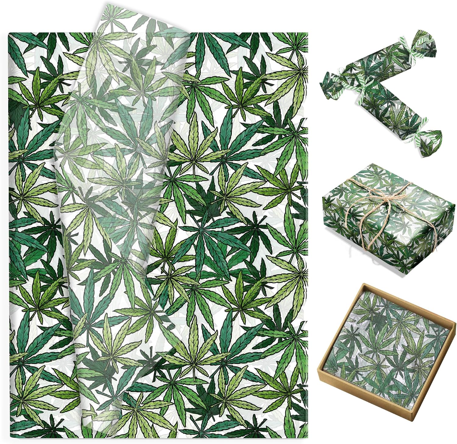 100 Sheets Marijuana Leaf Tissue Paper Sheets - Cannabis Printed Tissue Paper Bulk, 14x20 Inch for Gift Wrapping, Hawaii Party Decorations, Birthday, Gift Packaging