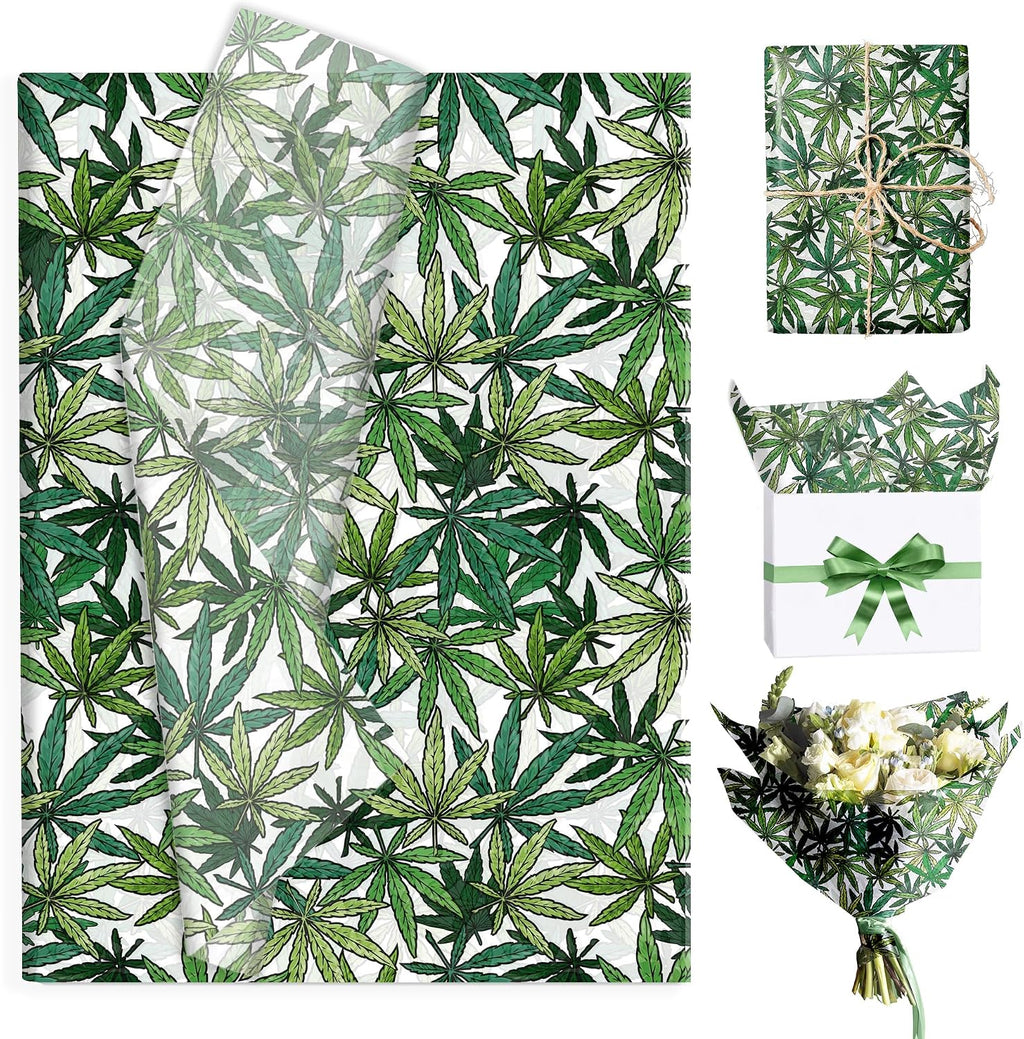 100 Sheets Marijuana Leaf Tissue Paper Sheets - Cannabis Printed Tissue Paper Bulk, 14x20 Inch for Gift Wrapping, Hawaii Party Decorations, Birthday, Gift Packaging