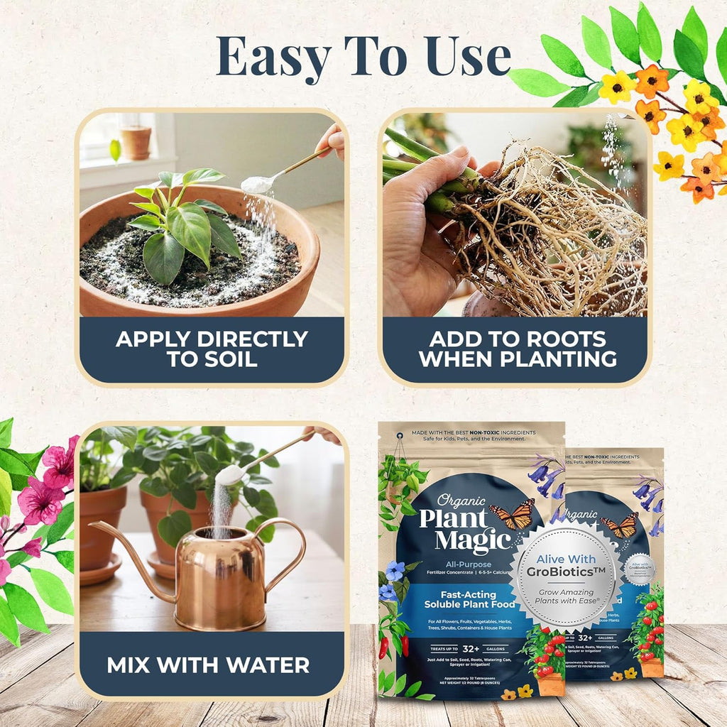 Organic Plant Magic Fertilizer & Plant Food for House Plants & Garden 1/2lb | Makes 32+ Gal of Organic Water Soluble Fertilizer for Plant Growth use on Vegetables, Flowers, Gardens & Indoor House Plants