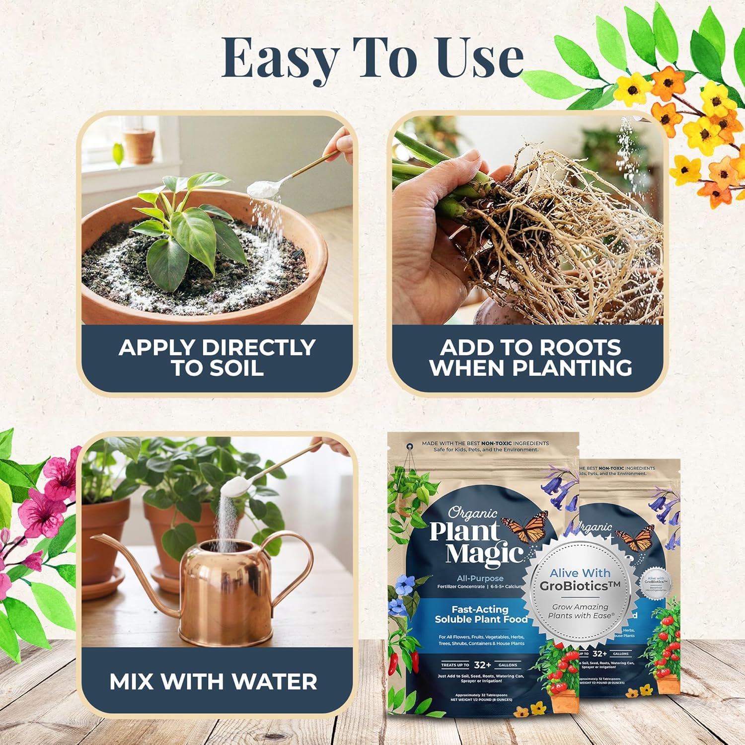 Organic Plant Magic Fertilizer & Plant Food for House Plants & Garden 1/2lb | Makes 32+ Gal of Organic Water Soluble Fertilizer for Plant Growth use on Vegetables, Flowers, Gardens & Indoor House Plants