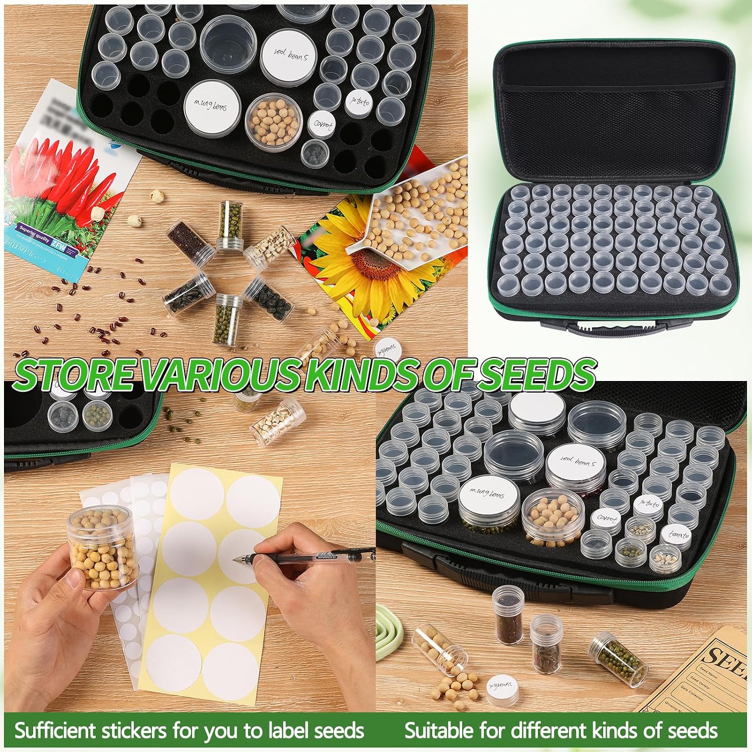Douorgan Seed Storage Box, Portable Seed Saving Box, Sturdy Seed Organizer Kit Seed Envelopes Funnel Label, Seed Container for Flower Plants Vegetable Seed, M-60 Slots