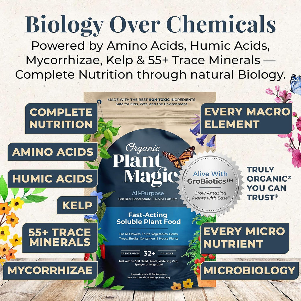 Organic Plant Magic Fertilizer & Plant Food for House Plants & Garden 1/2lb | Makes 32+ Gal of Organic Water Soluble Fertilizer for Plant Growth use on Vegetables, Flowers, Gardens & Indoor House Plants