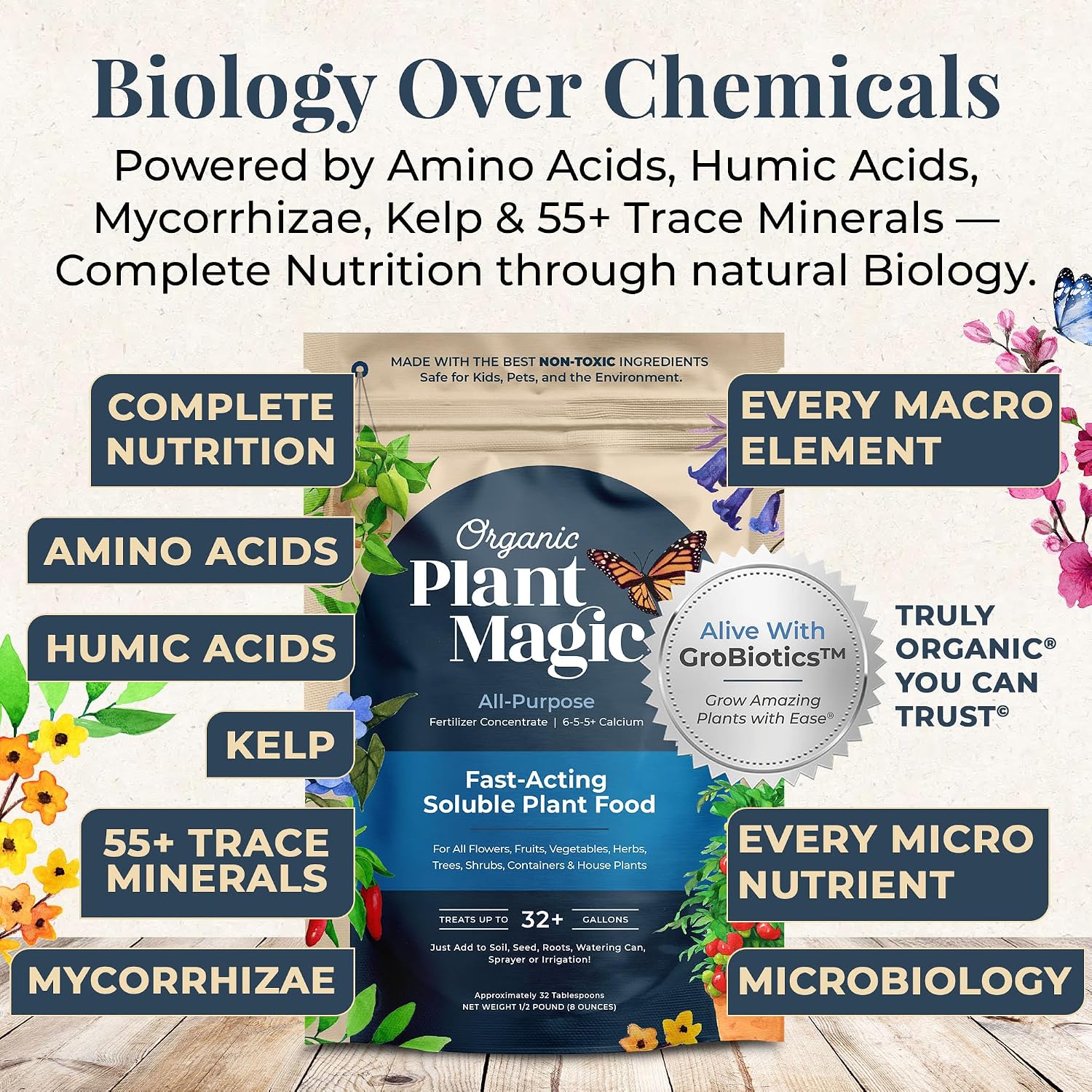 Organic Plant Magic Fertilizer & Plant Food for House Plants & Garden 1/2lb | Makes 32+ Gal of Organic Water Soluble Fertilizer for Plant Growth use on Vegetables, Flowers, Gardens & Indoor House Plants
