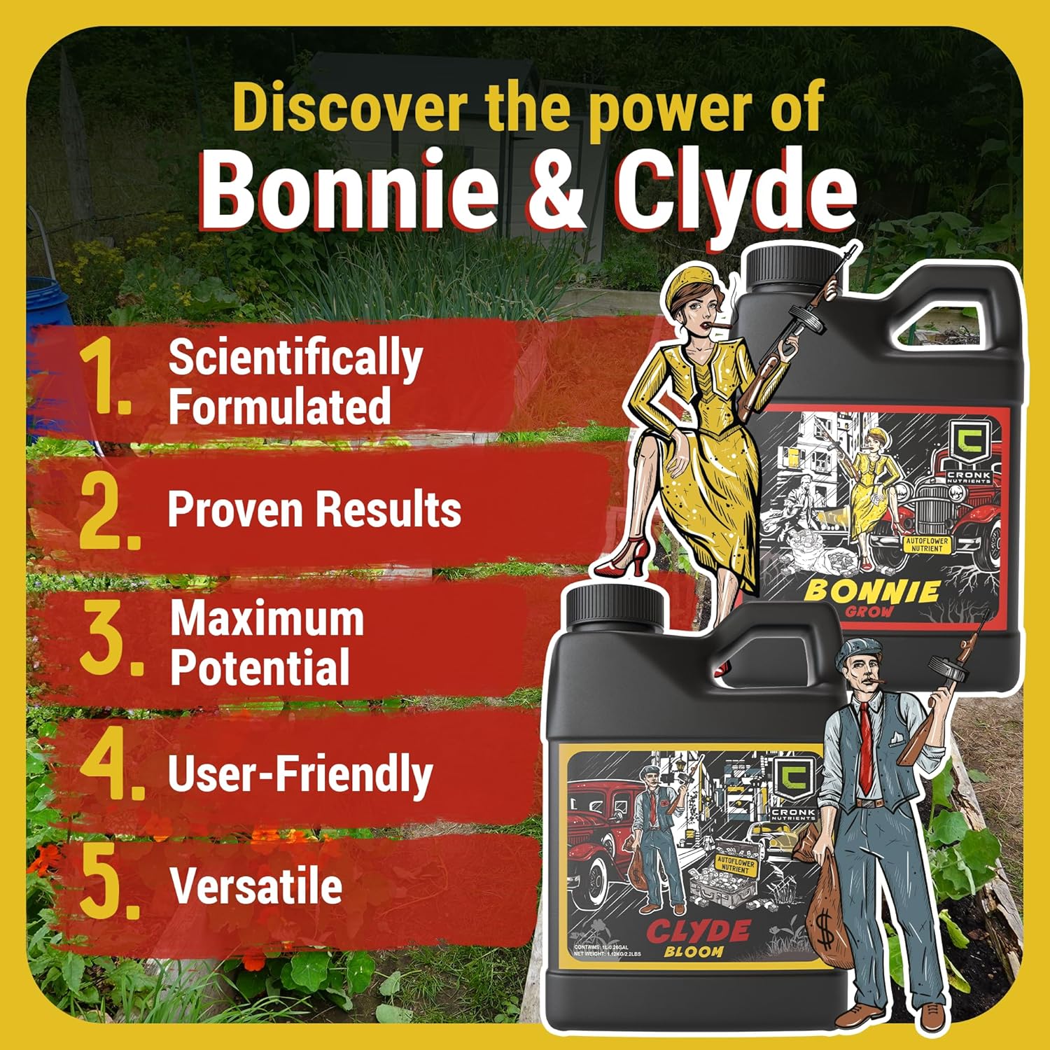 Cronk Nutrients Bonnie and Clyde Autoflower Plant Food - Kit, 500 mL | Liquid Fertilizer for Vegetative, Flowering Stage - Packed with Micronutrients to Support Plant Growth