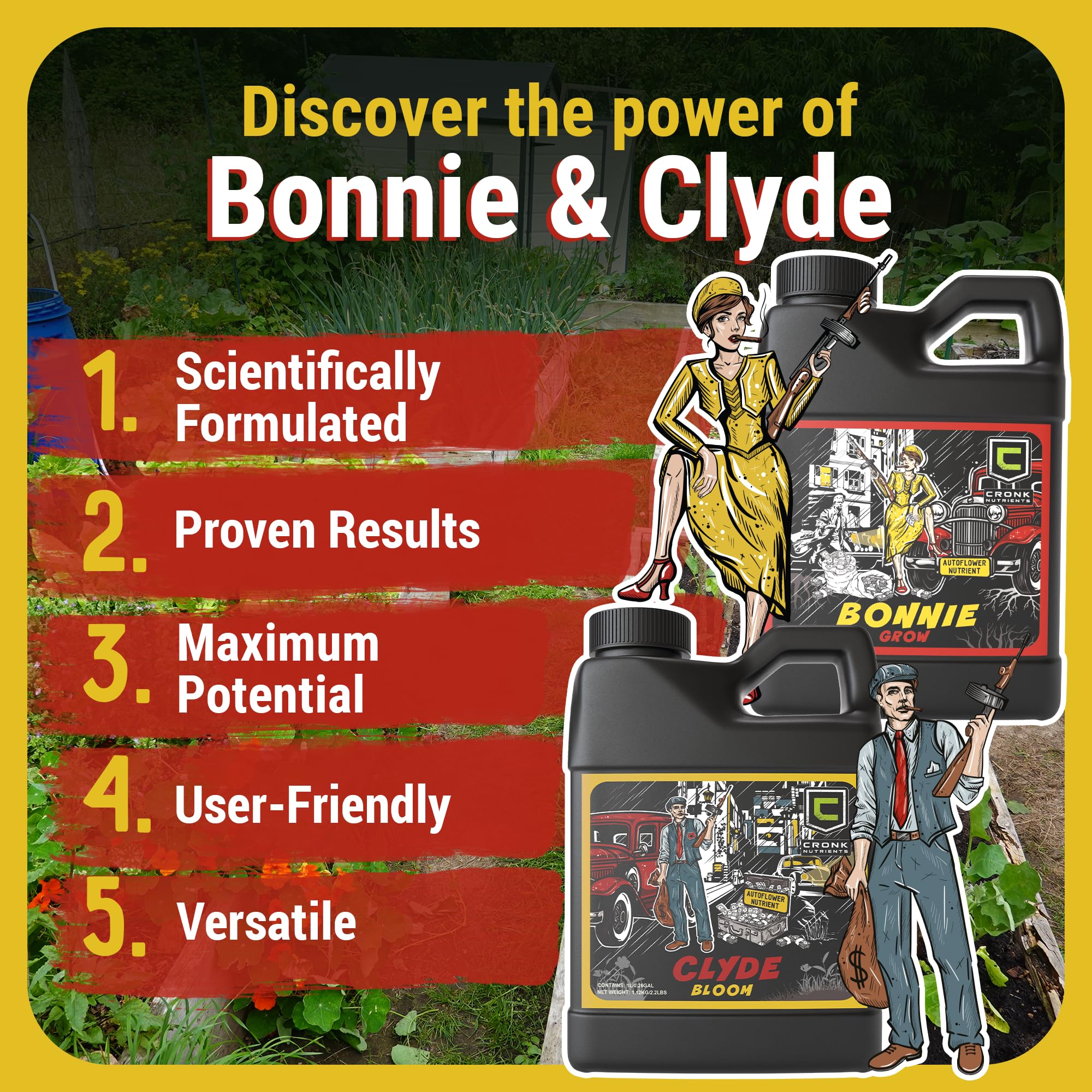 Cronk Nutrients Bonnie and Clyde Autoflower Plant Food - Kit, 500 mL | Liquid Fertilizer for Vegetative, Flowering Stage - Packed with Micronutrients to Support Plant Growth