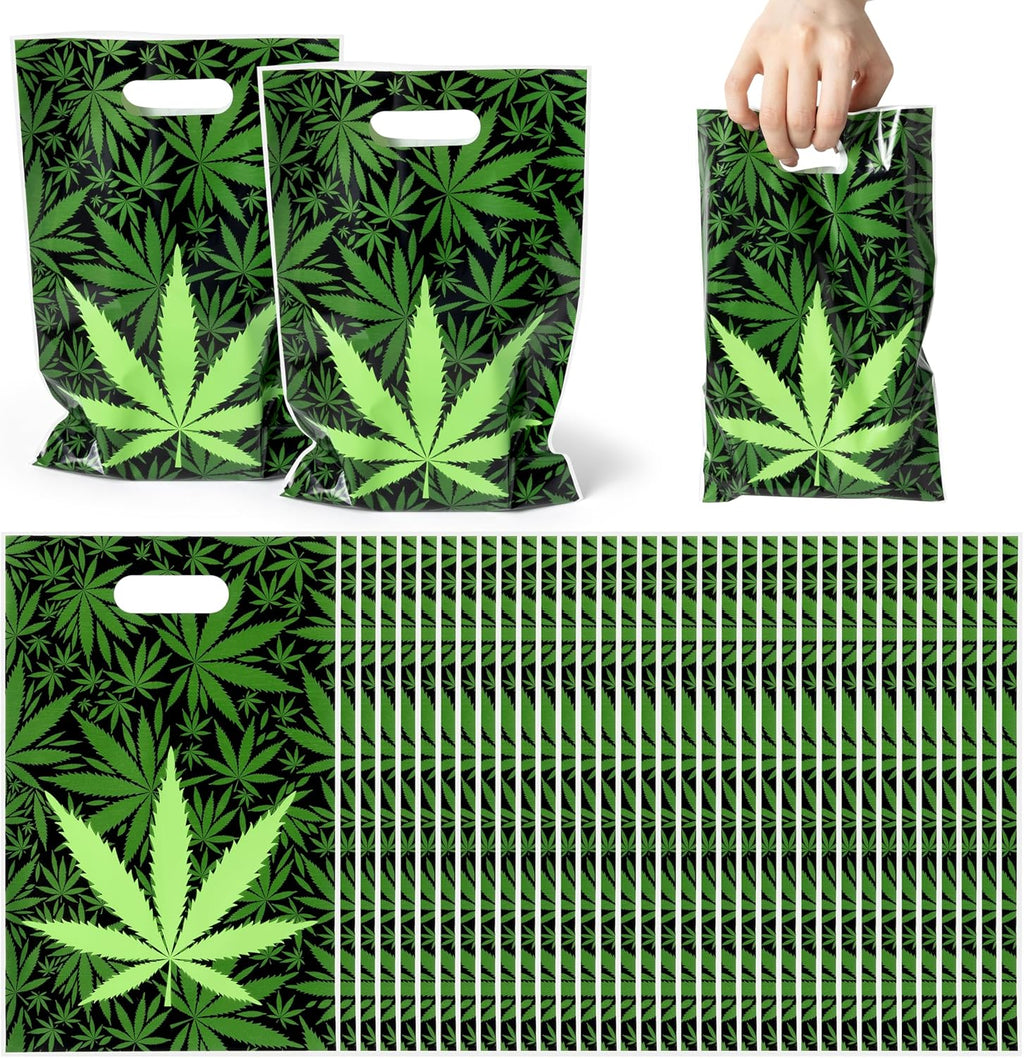 Selorin 50Pcs Weed Party Favor Bags Green Pot Leaves Smoking Marijuana Plastic Goodie Treat Bags with Handles Happy 420 Cannabis Have a Dope Candy Gift Bag Birthday Party Supplies for Adult Stoner