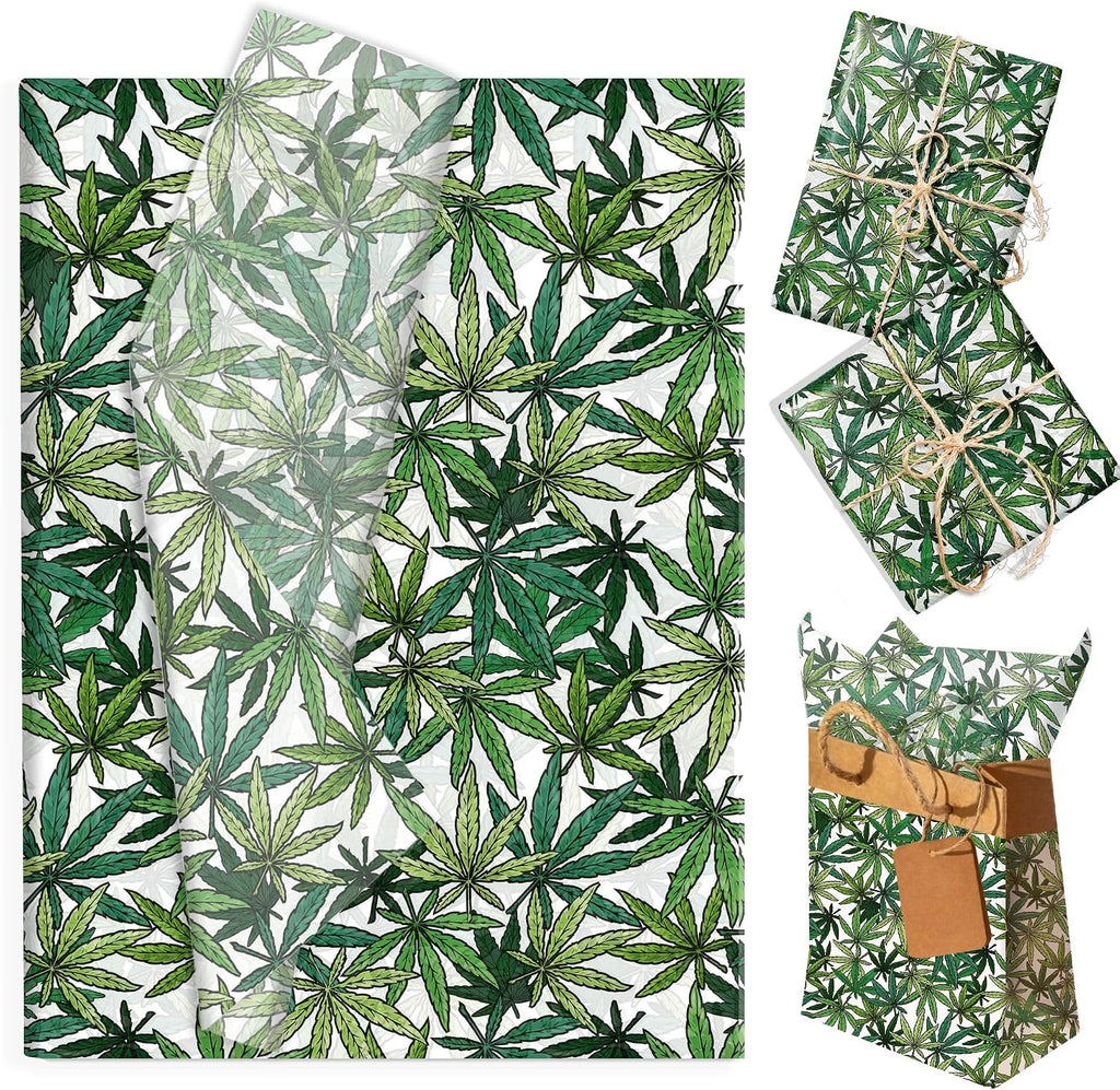 100 Sheets Marijuana Leaf Tissue Paper Sheets - Cannabis Printed Tissue Paper Bulk, 14x20 Inch for Gift Wrapping, Hawaii Party Decorations, Birthday, Gift Packaging