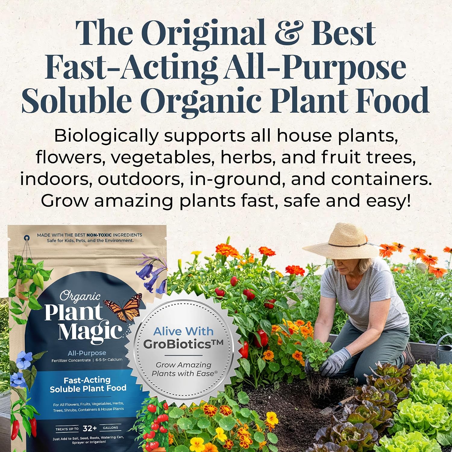 Organic Plant Magic Fertilizer & Plant Food for House Plants & Garden 1/2lb | Makes 32+ Gal of Organic Water Soluble Fertilizer for Plant Growth use on Vegetables, Flowers, Gardens & Indoor House Plants