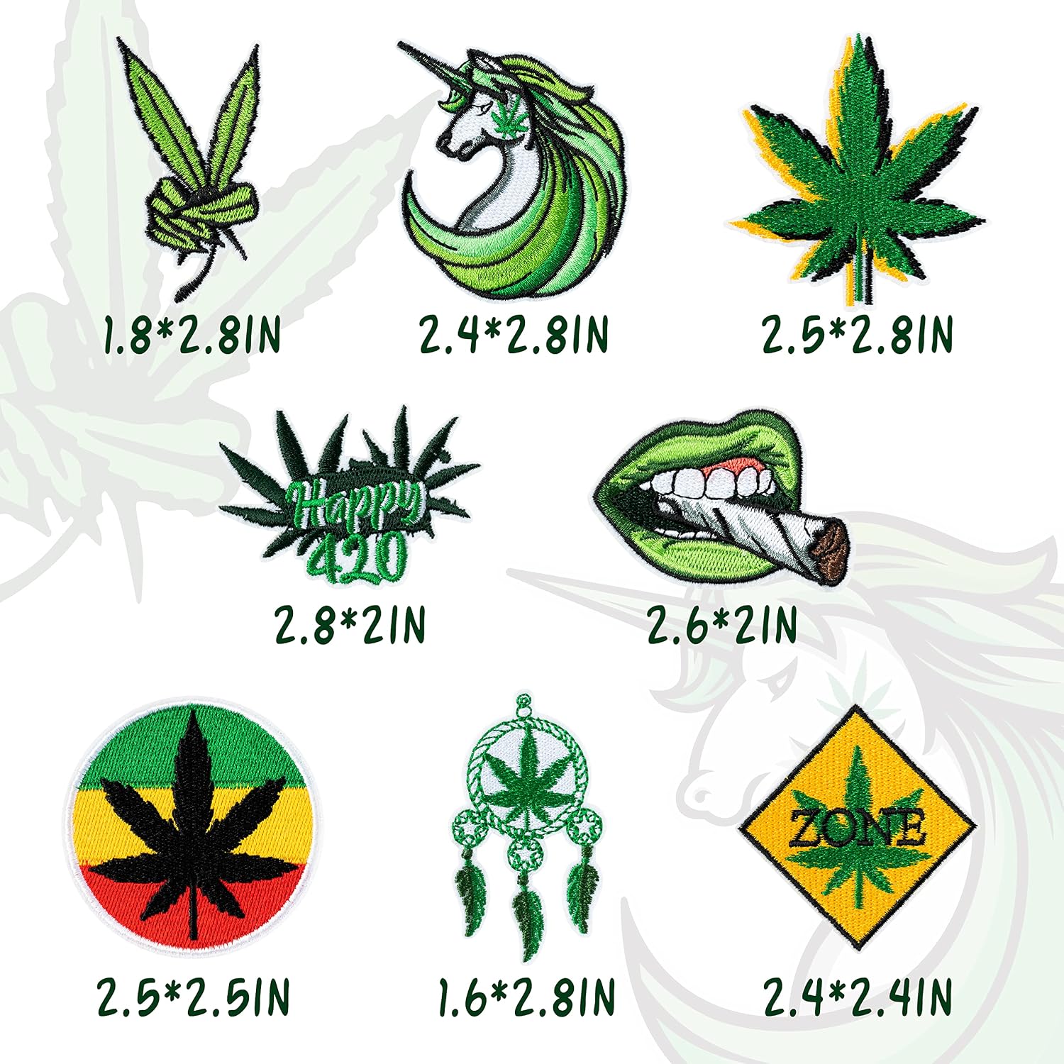 8Pcs Weed Iron on Patches Green Marijuana Leaves Pot Cannabis Smoking Happy 420 Have a Dope Sew on Embroidered Applique Repair Patch DIY Craft Accessories for Stoner Clothing Jacket Jeans Backpack Hat
