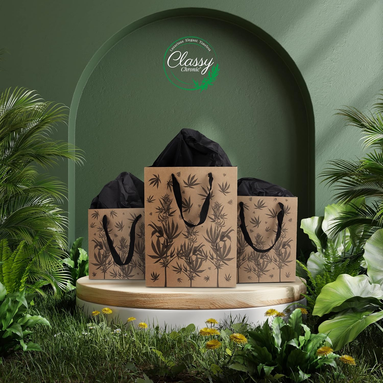 Cannabis Gift Bags – 3-Pack Weed Gift Bags with Tissue Paper – Marijuana Themed 420 Party Bags, Kraft Paper with Cotton Handles, Botanical Leaf Design – Stoner Birthday Gift or Cannabis Gift Wrap