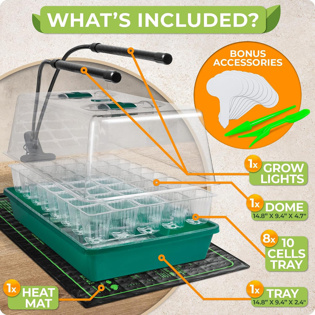 Seed Starter Tray with Grow Lights and Heating Mat - 40 Cell Plant Germination Tray with 4.7" Humidity Dome Seed Starter Kit for Indoor Seed Starting and Propagation