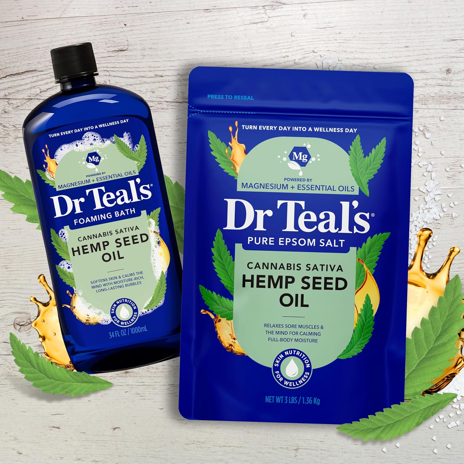 Dr Teal's Pure Epsom Salt, Cannabis Sativa Hemp Seed Oil, 3 lb (Pack of 4)