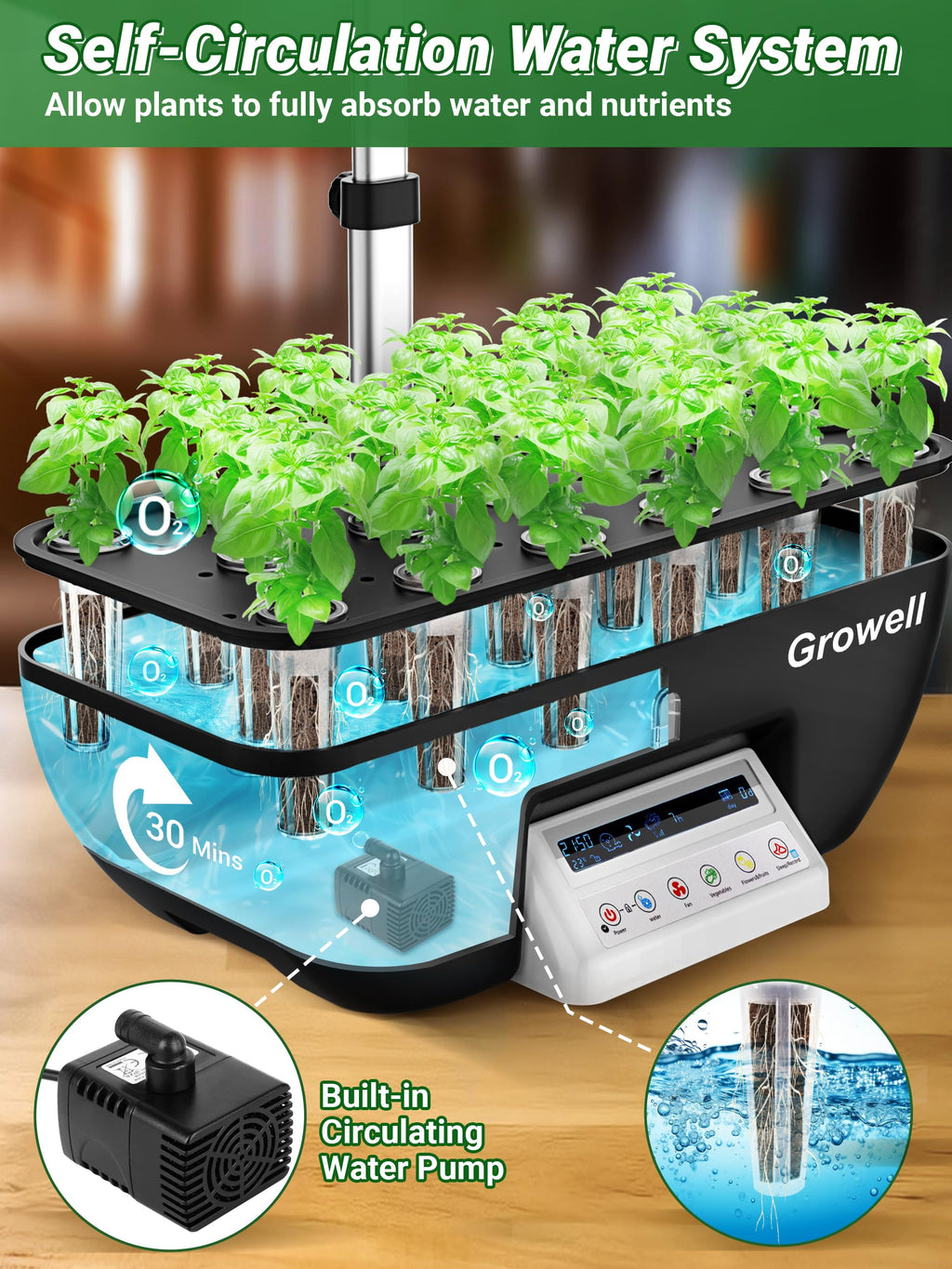 Growell Hydroponics Growing System Kit, 17 Pods Herb Garden with 102 28W Full-Spectrum Grow Lights & 2 Fans, Indoor Garden with Water Pump, 10L Water Tank, Auto Timer, Height Adjustable (Black & Grey)