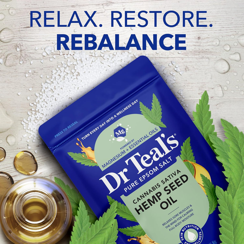 Dr Teal's Pure Epsom Salt, Cannabis Sativa Hemp Seed Oil, 3 lb (Pack of 4)