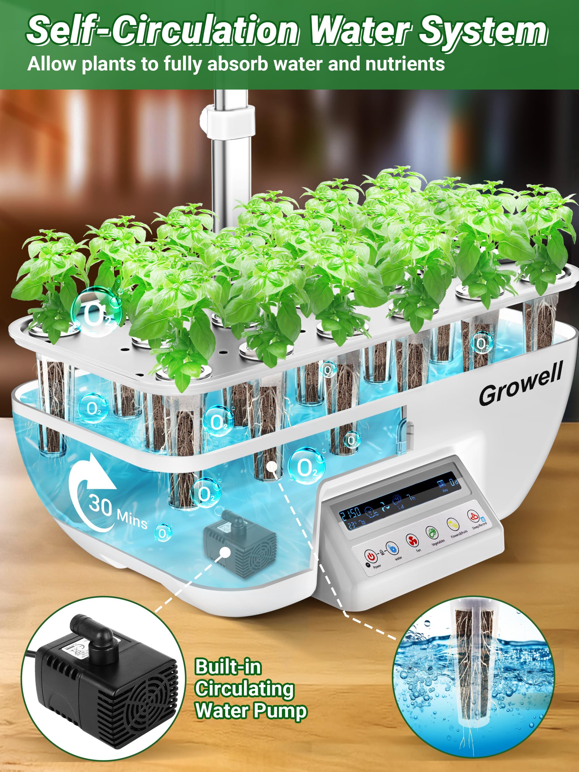 Growell Hydroponics Growing System Kit, 17 Pods Herb Garden with 102 28W Full-Spectrum Grow Lights & 2 Fans, Indoor Garden with Water Pump, 10L Water Tank, Auto Timer, Height Adjustable (Black & Grey)