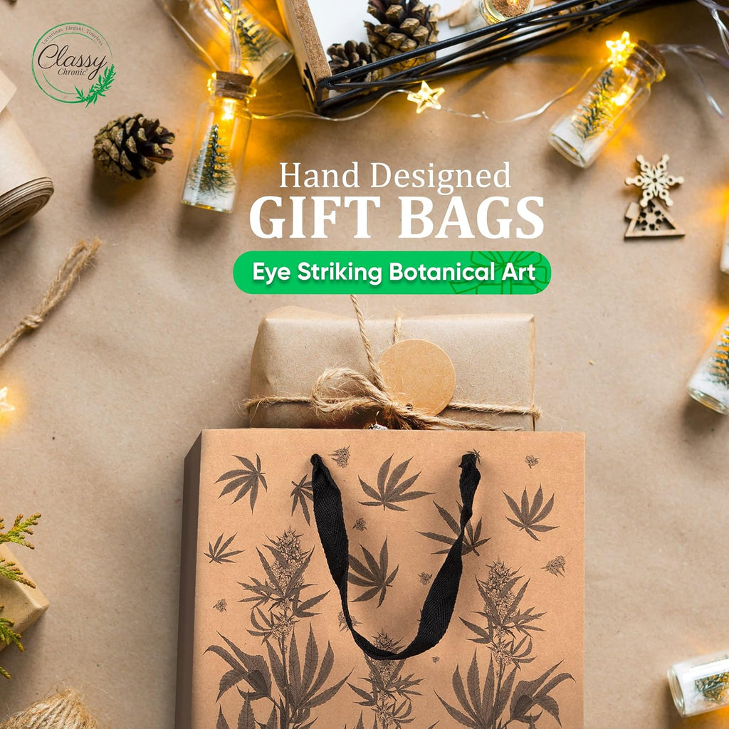 Cannabis Gift Bags – 3-Pack Weed Gift Bags with Tissue Paper – Marijuana Themed 420 Party Bags, Kraft Paper with Cotton Handles, Botanical Leaf Design – Stoner Birthday Gift or Cannabis Gift Wrap