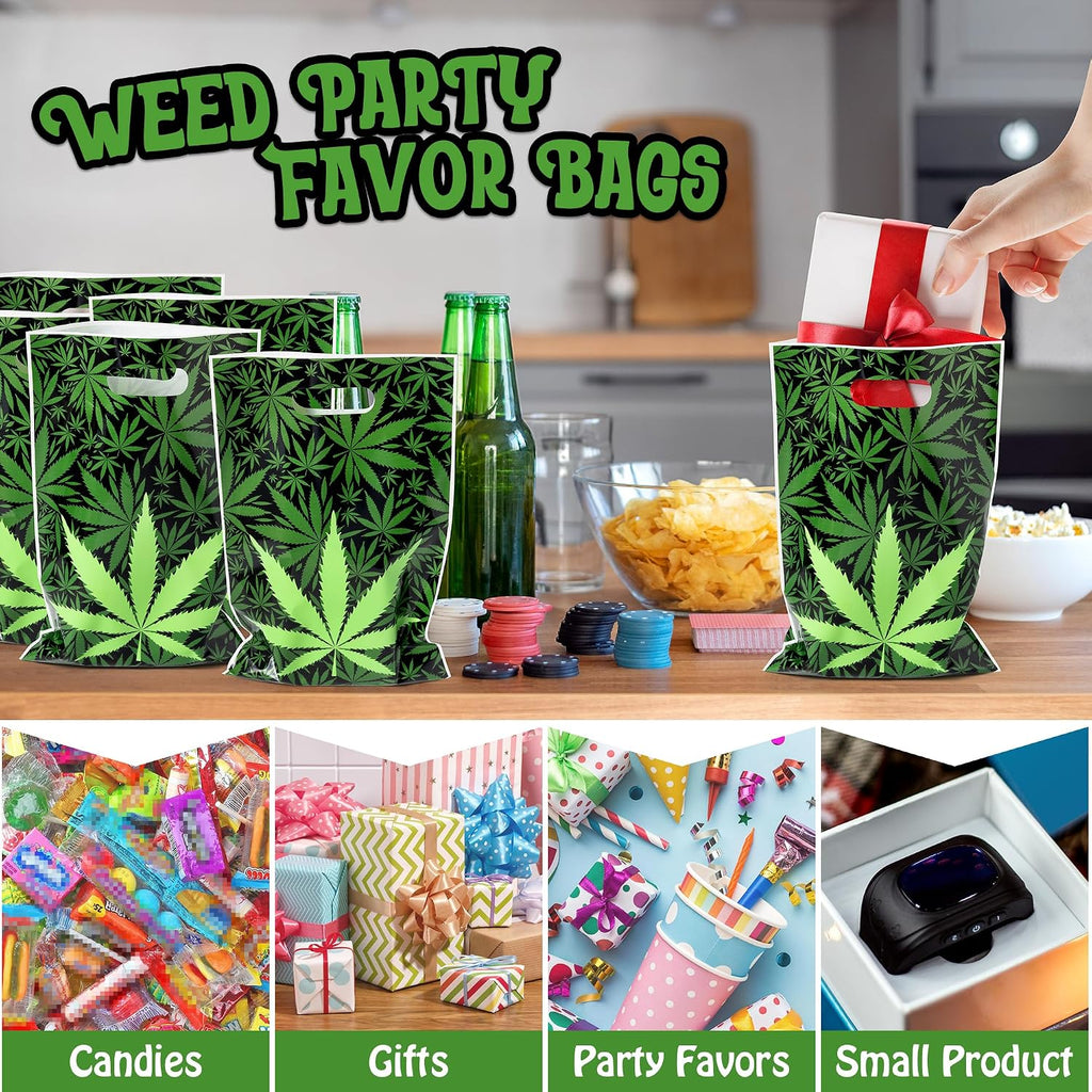 Selorin 50Pcs Weed Party Favor Bags Green Pot Leaves Smoking Marijuana Plastic Goodie Treat Bags with Handles Happy 420 Cannabis Have a Dope Candy Gift Bag Birthday Party Supplies for Adult Stoner