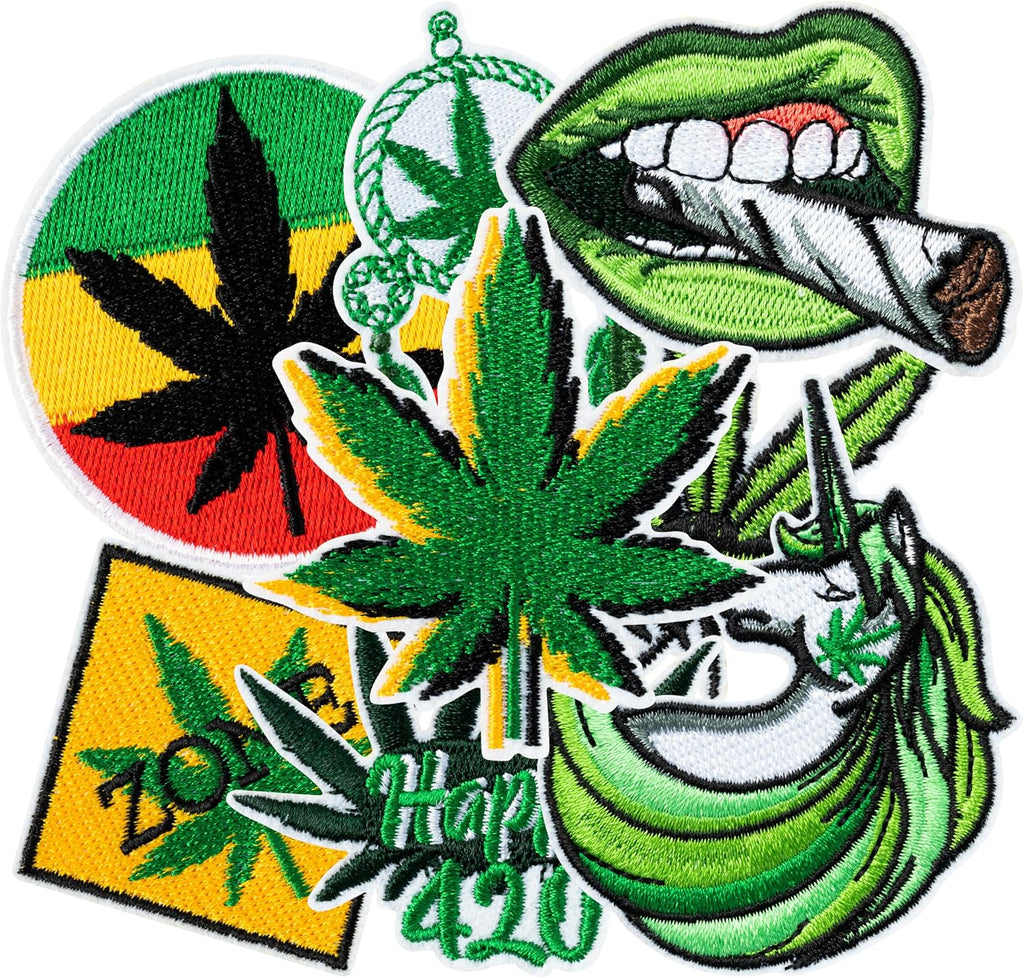 8Pcs Weed Iron on Patches Green Marijuana Leaves Pot Cannabis Smoking Happy 420 Have a Dope Sew on Embroidered Applique Repair Patch DIY Craft Accessories for Stoner Clothing Jacket Jeans Backpack Hat