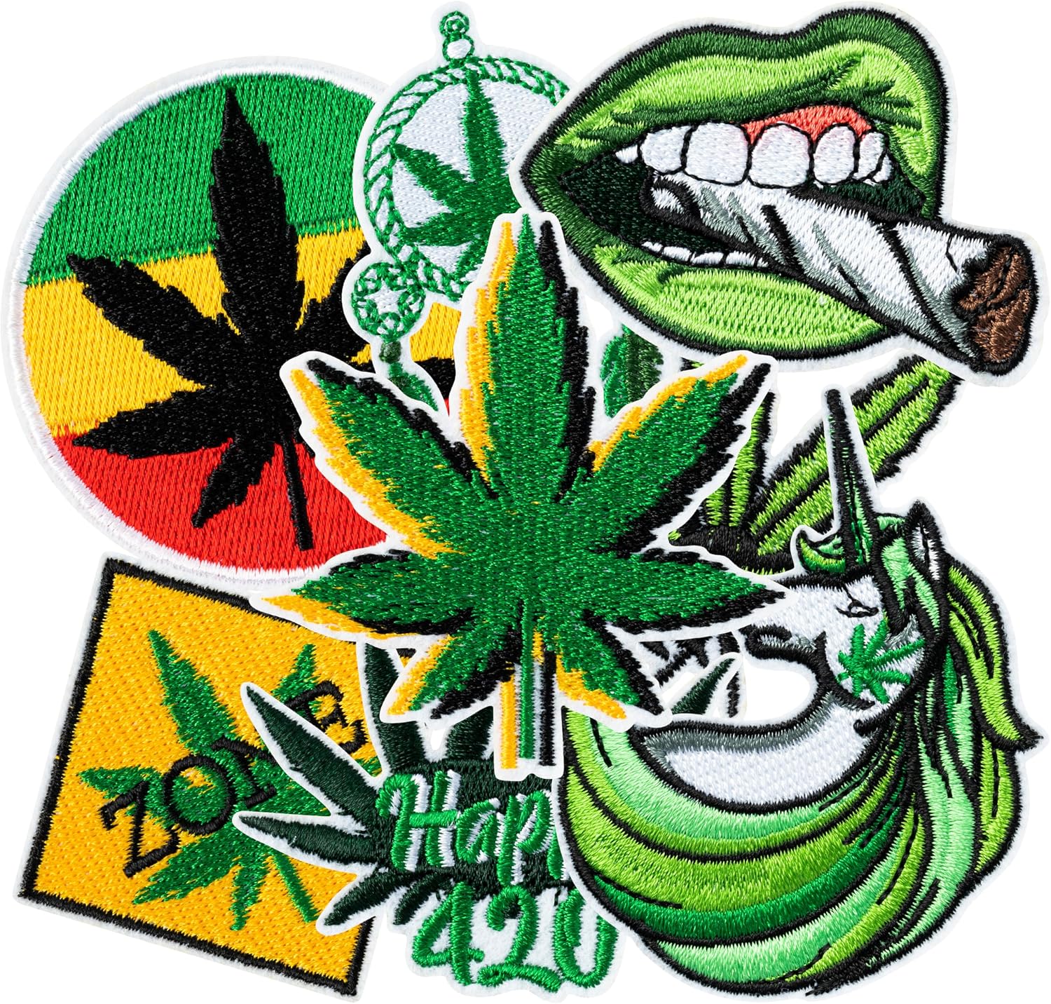 8Pcs Weed Iron on Patches Green Marijuana Leaves Pot Cannabis Smoking Happy 420 Have a Dope Sew on Embroidered Applique Repair Patch DIY Craft Accessories for Stoner Clothing Jacket Jeans Backpack Hat